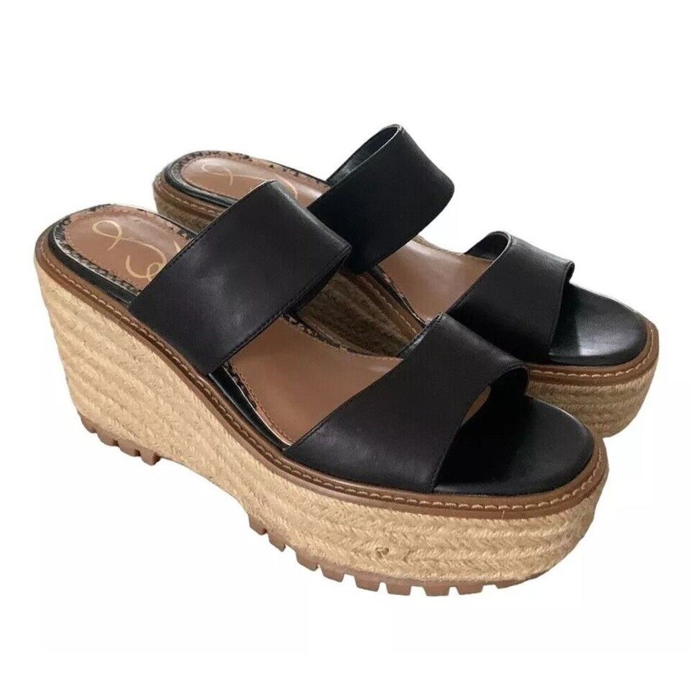 Sam Edelman Luca Espadrille Wedge Platform Leather Two Strap Size 8.5 Black